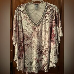 Catherines Burgundy and Cream Floral V-Neck Blouse
